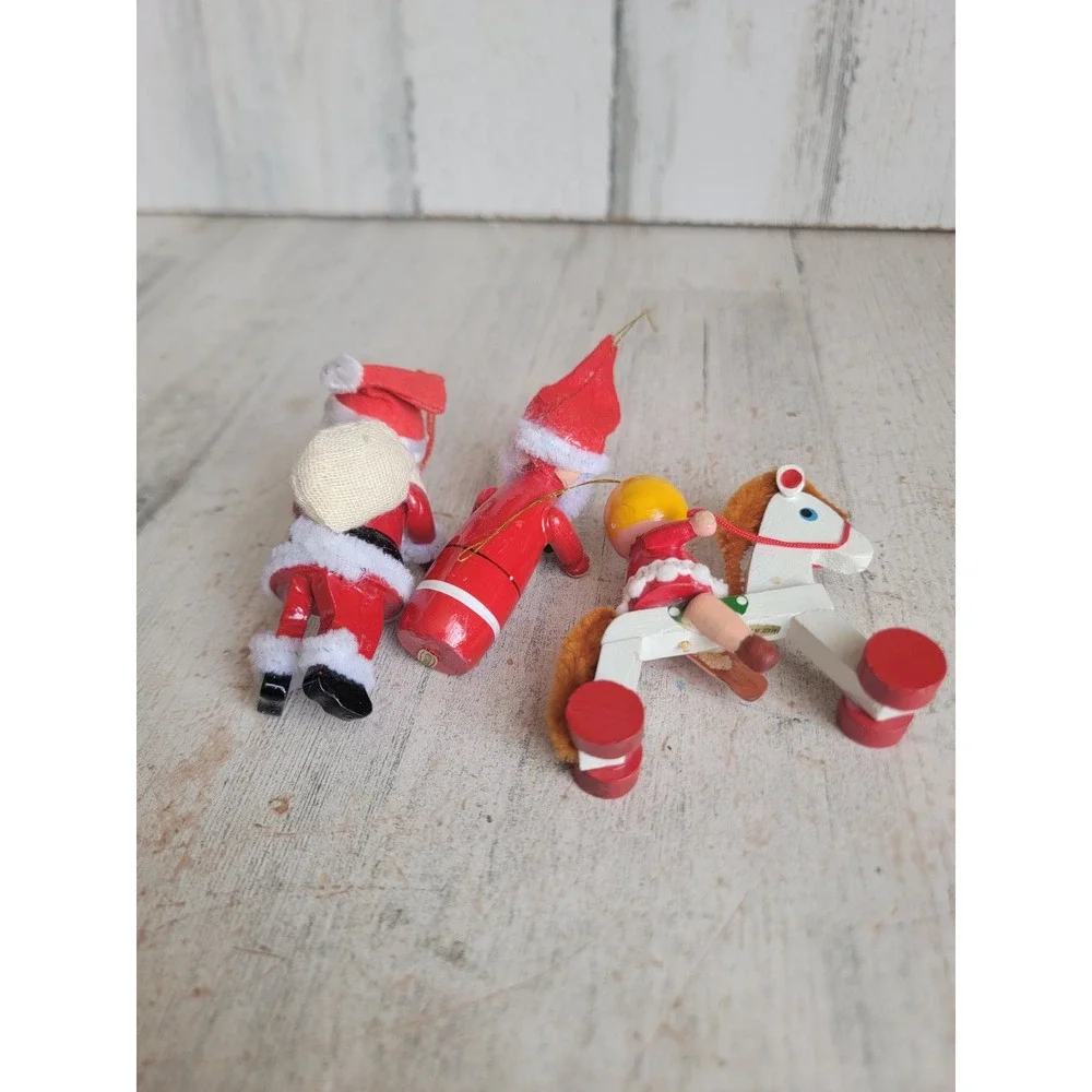 Santa Claus wooden horse vintage ornament Xmas set tree kid pipe
